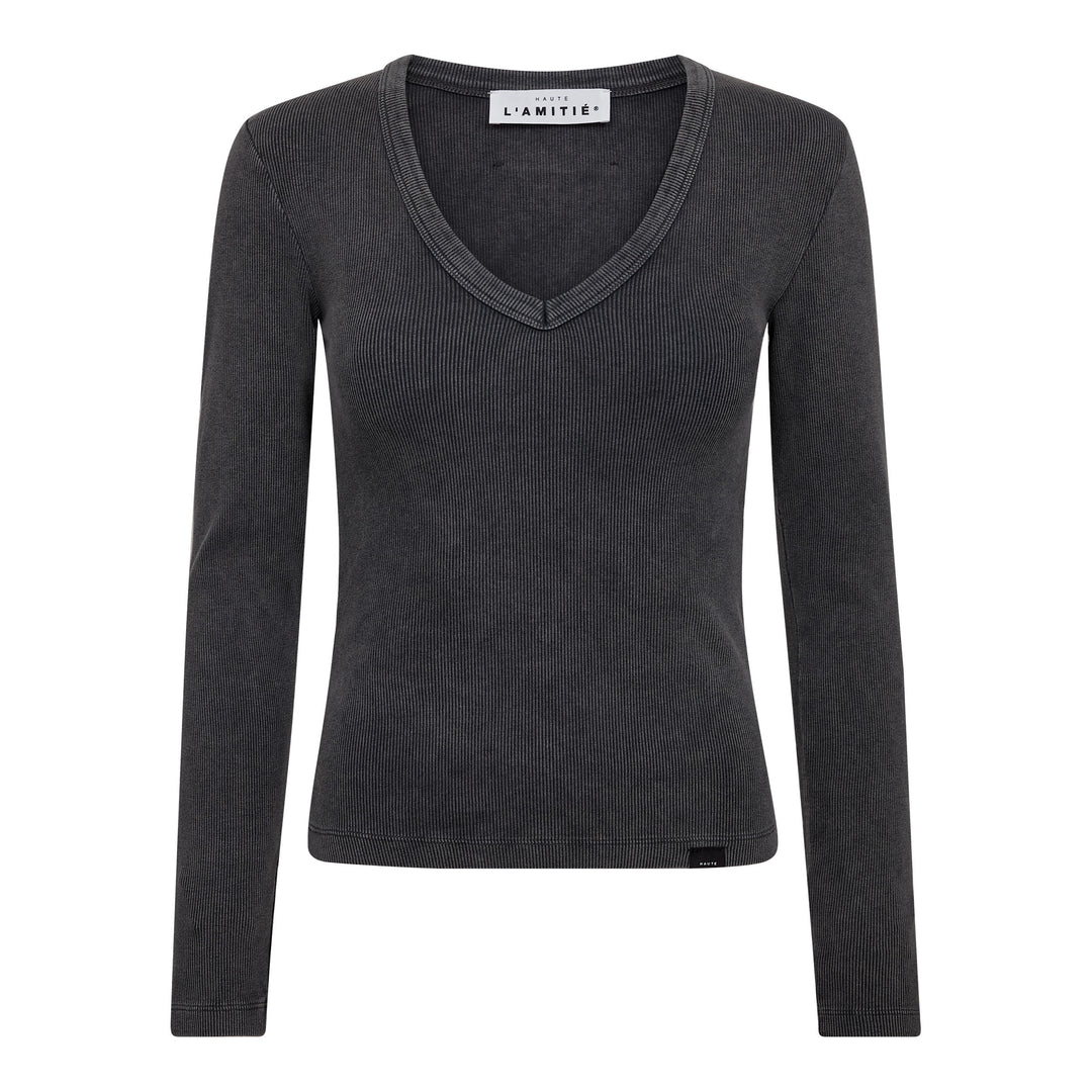 Haute L'Amitié - Deep V Ls Rib Acid Tee HL10892 - Black Acid Wash