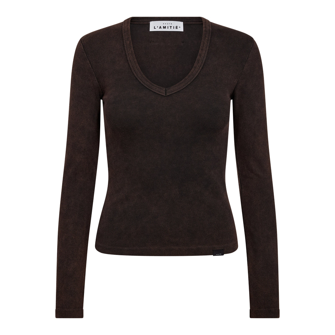 Haute L'Amitié - Deep V Ls Rib Acid Tee HL10892 - Mocca Acid Wash
