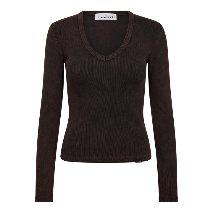 Haute L'Amitié - Deep V Ls Rib Acid Tee HL10892 - Mocca Acid Wash