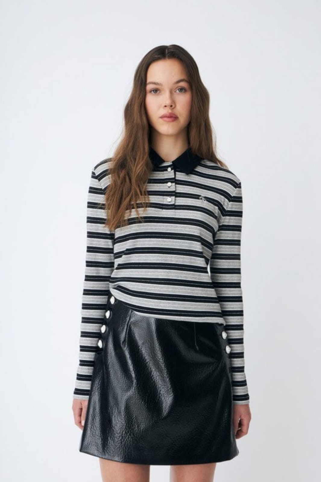 Cras - Leslie Polo Blouse C570 - 8136 Grey Black Stripe Bluser 