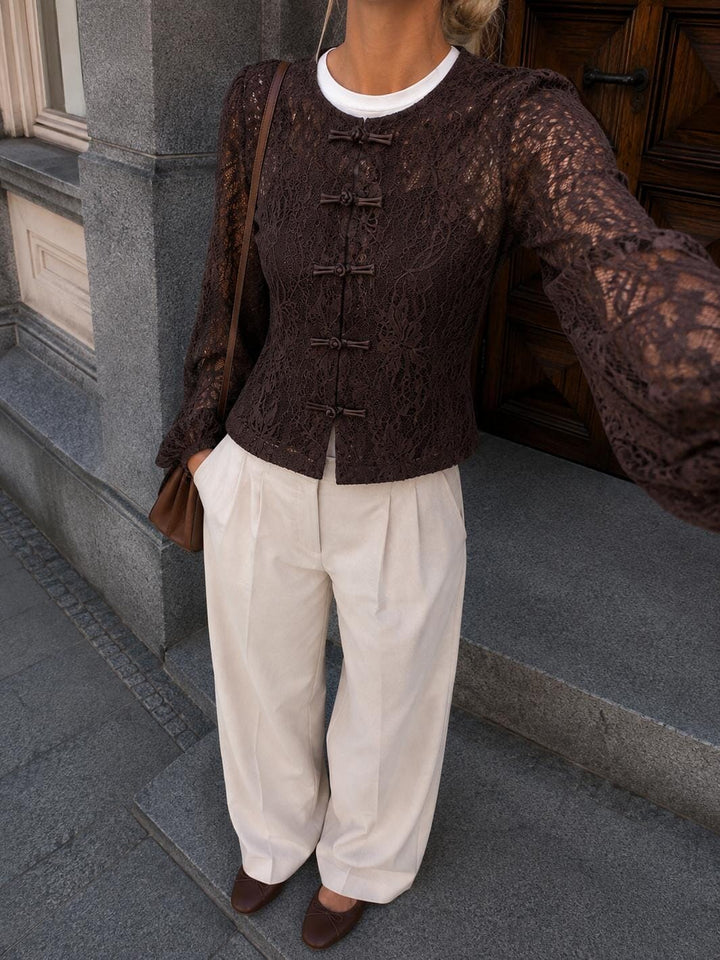Dear Molly - Lace Blouse Ch171496b - Chocolate Brown Bluser 