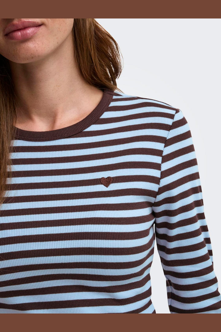 Only - Onlval L/S O-Neck Stripe Top - 5155543 Coffee Bean Cashmereblue (Mette) + Emb. Heart
