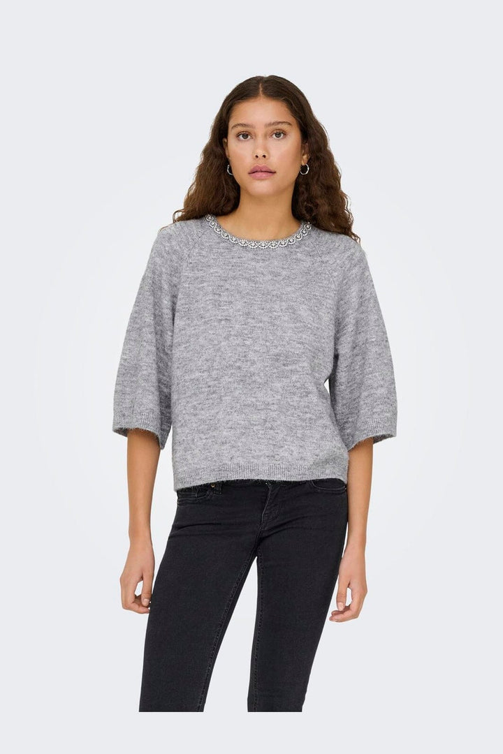 JDY - Jdyalva Life 3/4 Embellish Pull Knt - 4957225 Medium Grey Melange W. Silver Embellishment
