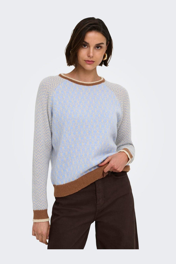 JDY - Jdybryn Life L/S Oneck Jacq Pullover Knt - 5054652 Crème Brûlée W. Toffee/Open Air Jacq.