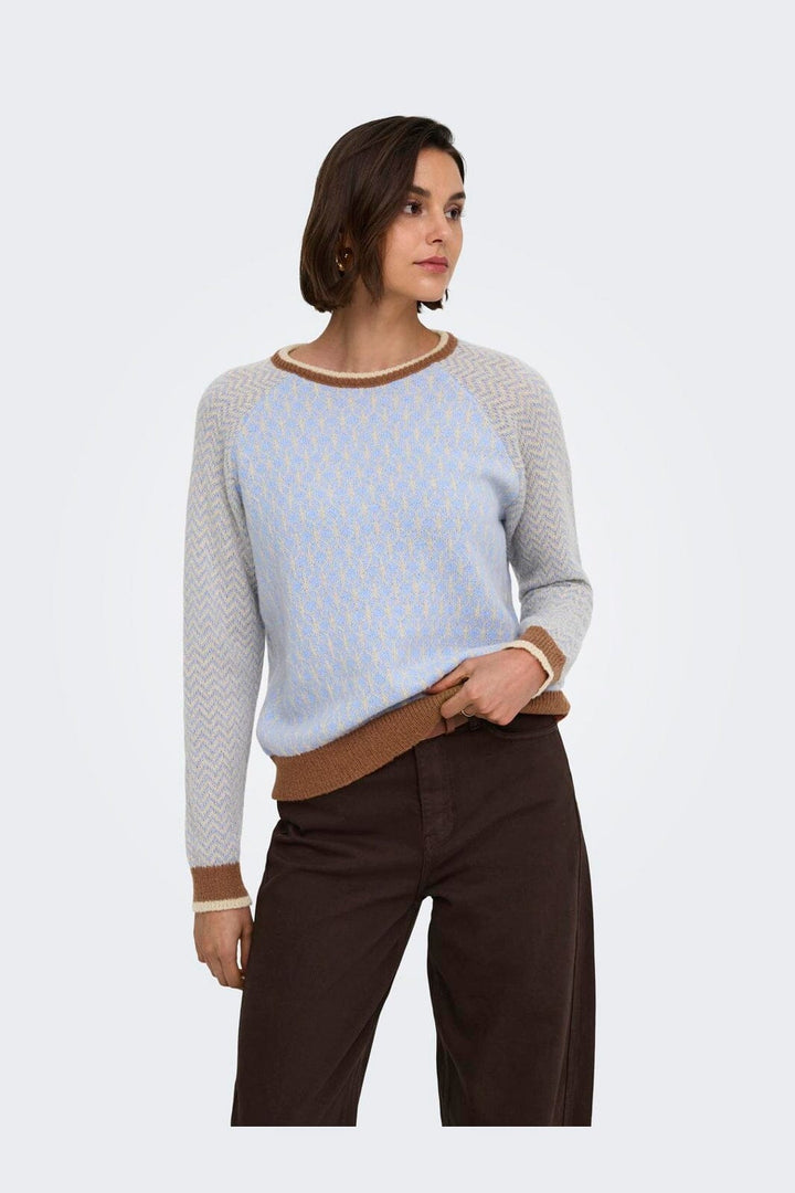 JDY - Jdybryn Life L/S Oneck Jacq Pullover Knt - 5054652 Crème Brûlée W. Toffee/Open Air Jacq.