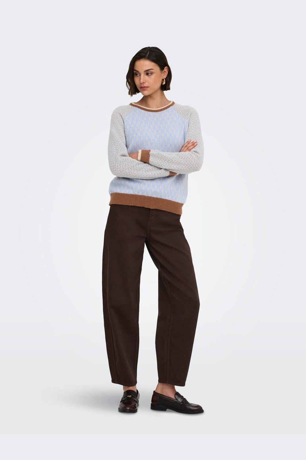 JDY - Jdybryn Life L/S Oneck Jacq Pullover Knt - 5054652 Crème Brûlée W. Toffee/Open Air Jacq.