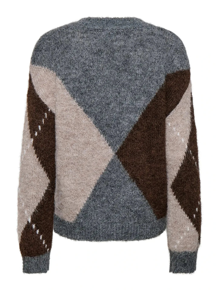 JDY - Jdyzoey L/S V-Neck Argyle Pullover Knt - 5122982 Medium Grey Melange Chateau Gray/Chocolate Brown Argyle Strikbluser 