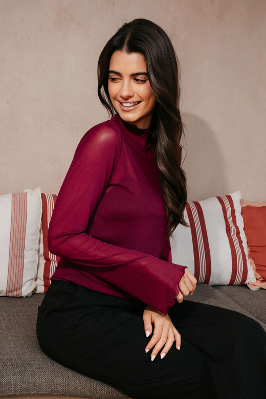 Liberte - Mesh Ls Trompet Top 22486 - Bordeaux Toppe 