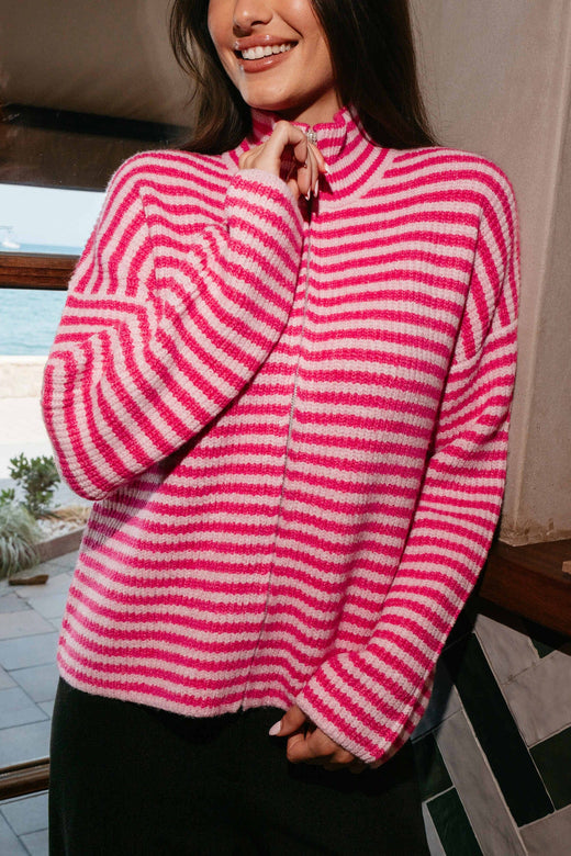 Liberte - Sara Ls Zip Cardigan 22476 - Pink Rose Stripe Cardigans 