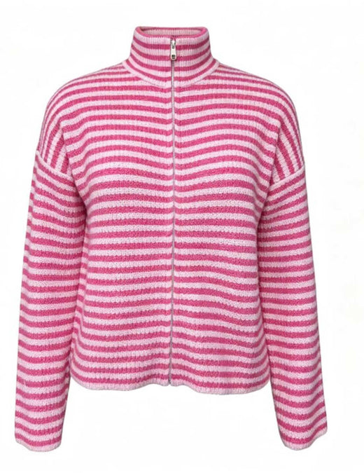 Liberte - Sara Ls Zip Cardigan 22476 - Pink Rose Stripe Cardigans 