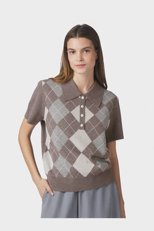 Neo Noir - Gia Check Knit Blouse 169335 - 811 - Dark Taupe