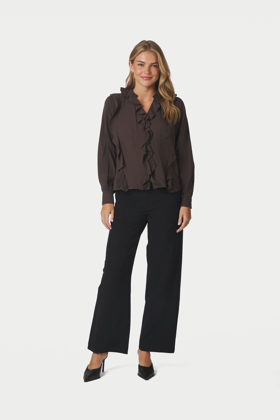 Neo Noir - Larine Ruffle Blouse 169981 - 676 - Dark Brown