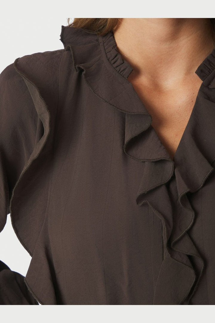 Neo Noir - Larine Ruffle Blouse 169981 - 676 - Dark Brown