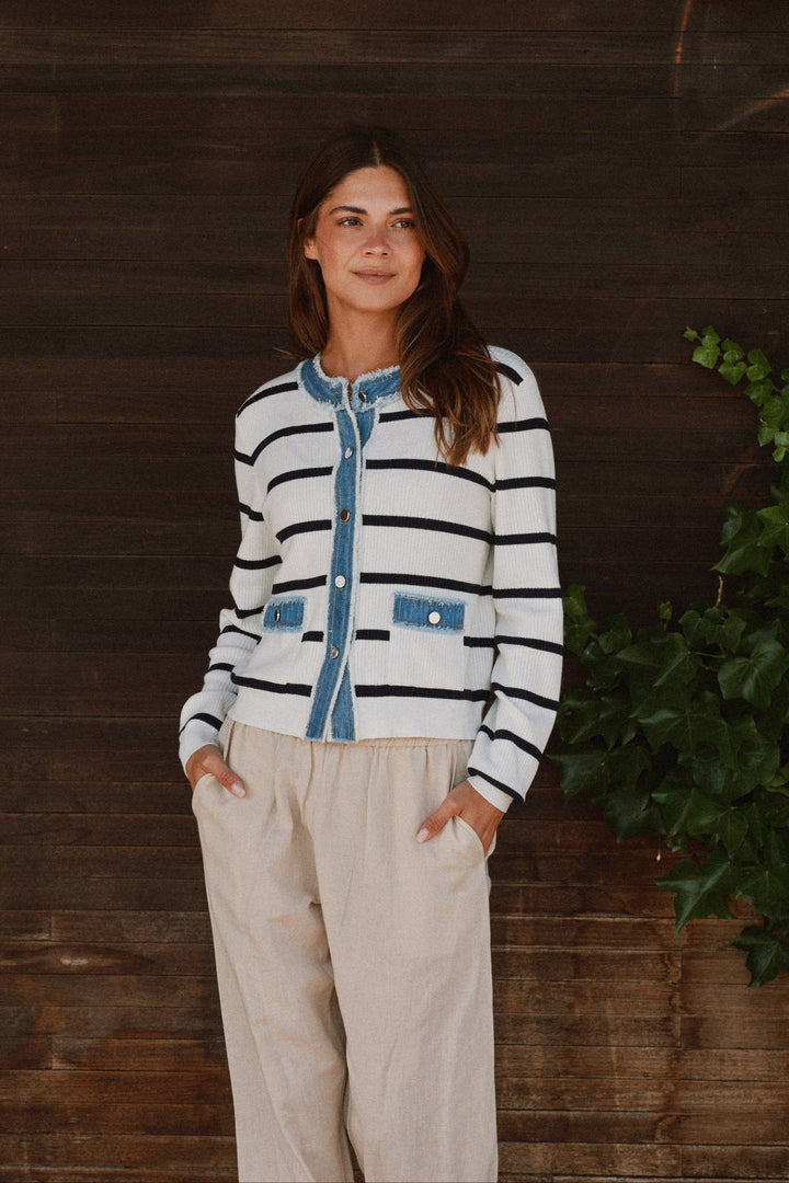 Neo Noir - Zelma Stripe Denim Cardigan 169309 - 121 - Off White Cardigans 