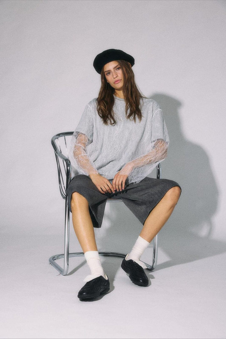 Noisy May - Nmbianka L/S Double Layer Lace Tee - 5123544 Light Grey Melange White Lace