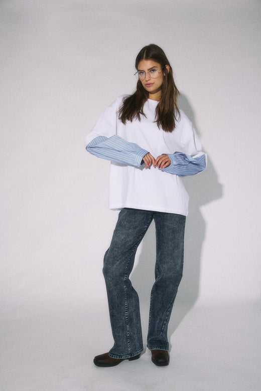 Noisy May - Nmfreja Belle L/S Mix Shirt - 5077861 Bright White Hydrangea Stripe Sleeves