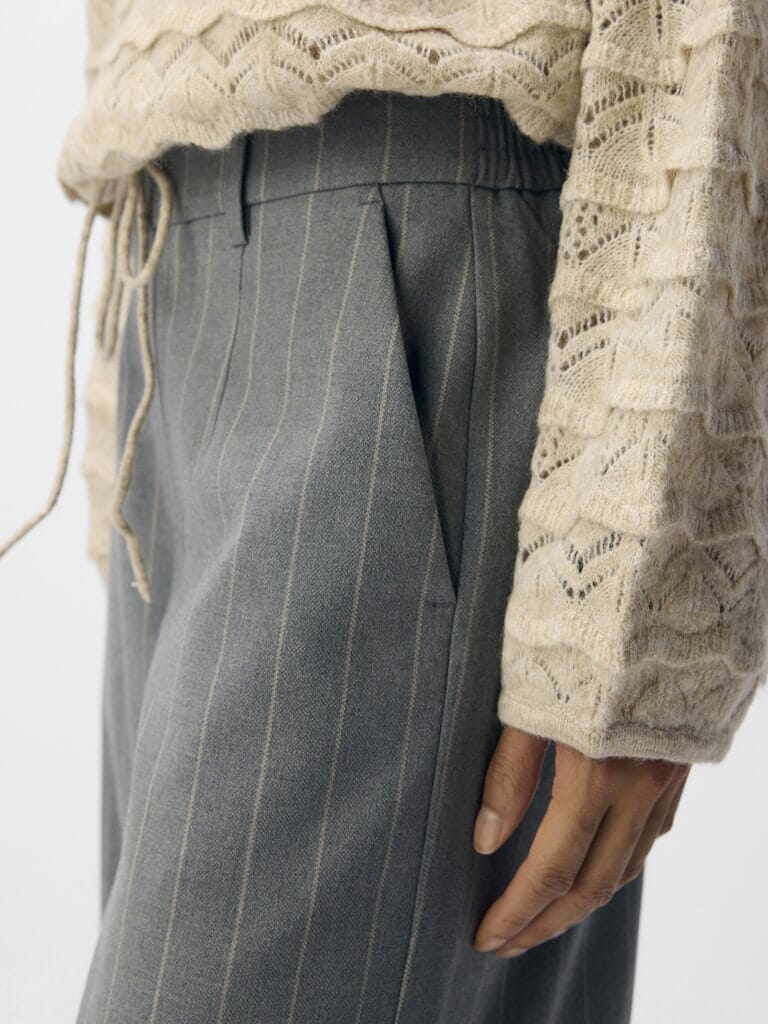 Object - Objlisa Wide Pant - 4800477 Medium Grey Melange Humus Pinstripe Bukser 