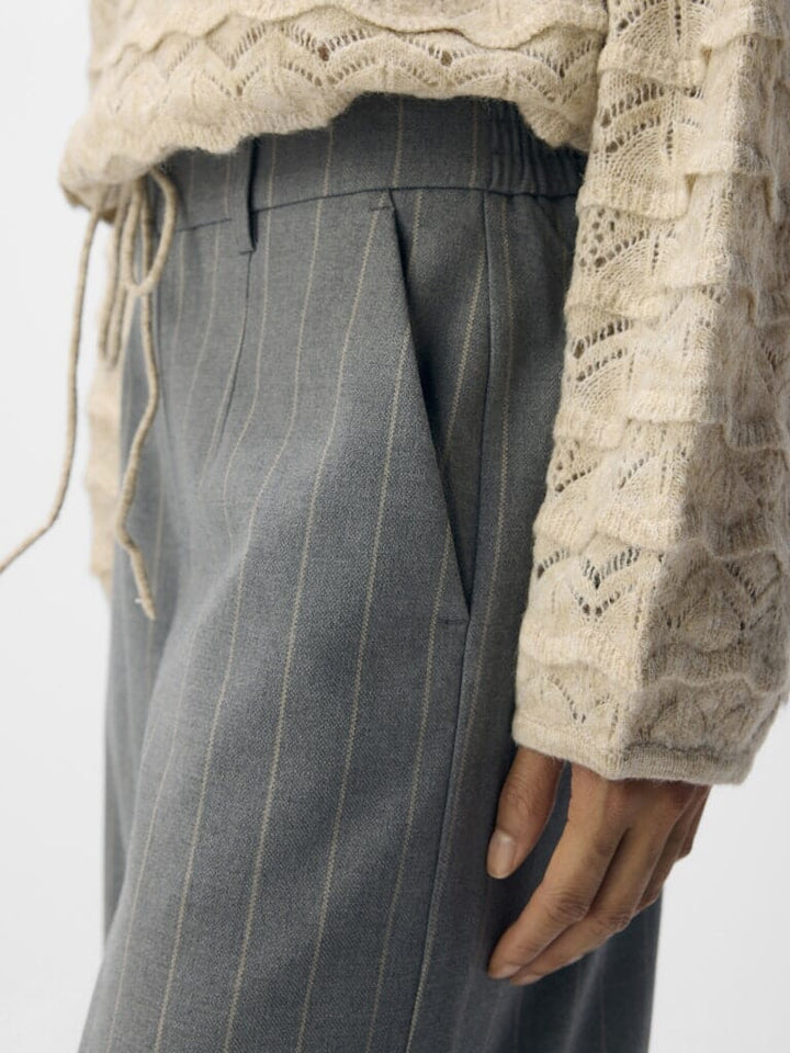 Object - Objlisa Wide Pant - 4800477 Medium Grey Melange Humus Pinstripe Bukser 