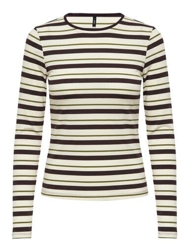 Only - Onlelli L/S Rib Top - 5190700 Cloud Dancer Chokolate Torte + Peat Moss (Elly Stripe) Toppe 