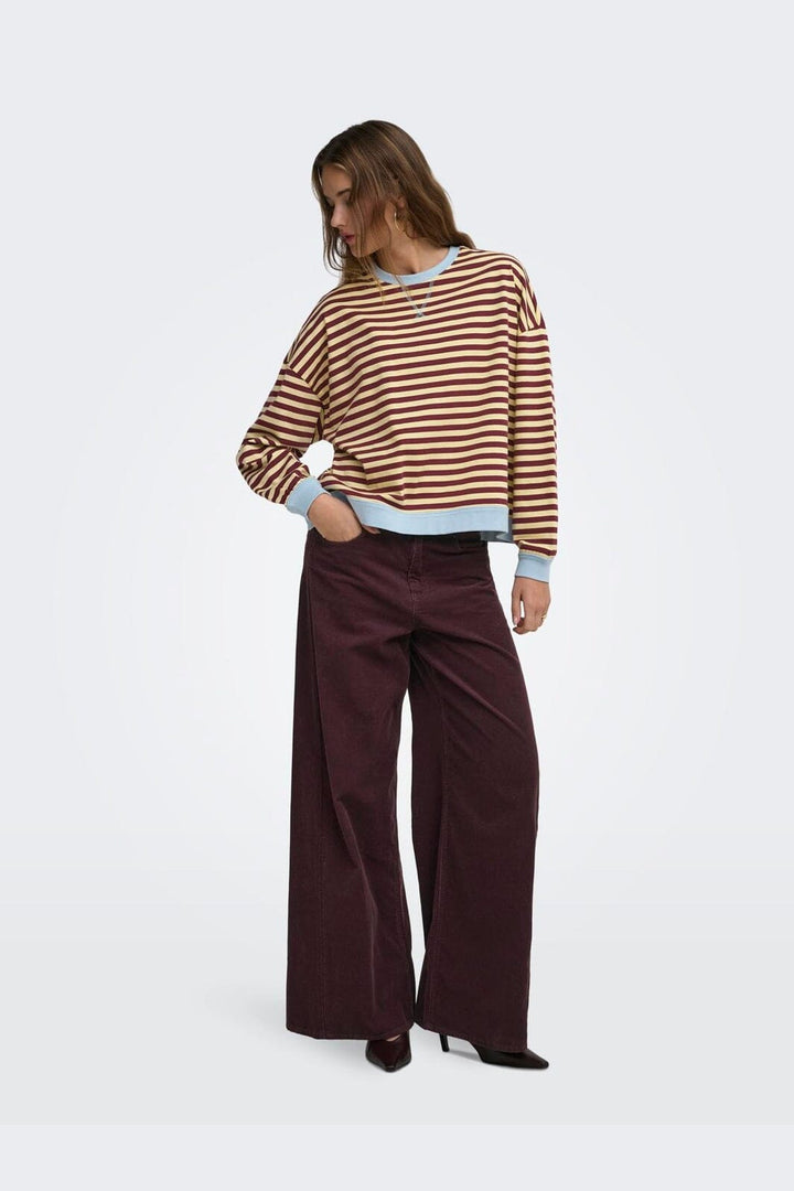 Only - Onlfreja L/S Loose Top - 5090443 Mellow Yellow Fig W. Contrast Cashmere Blue