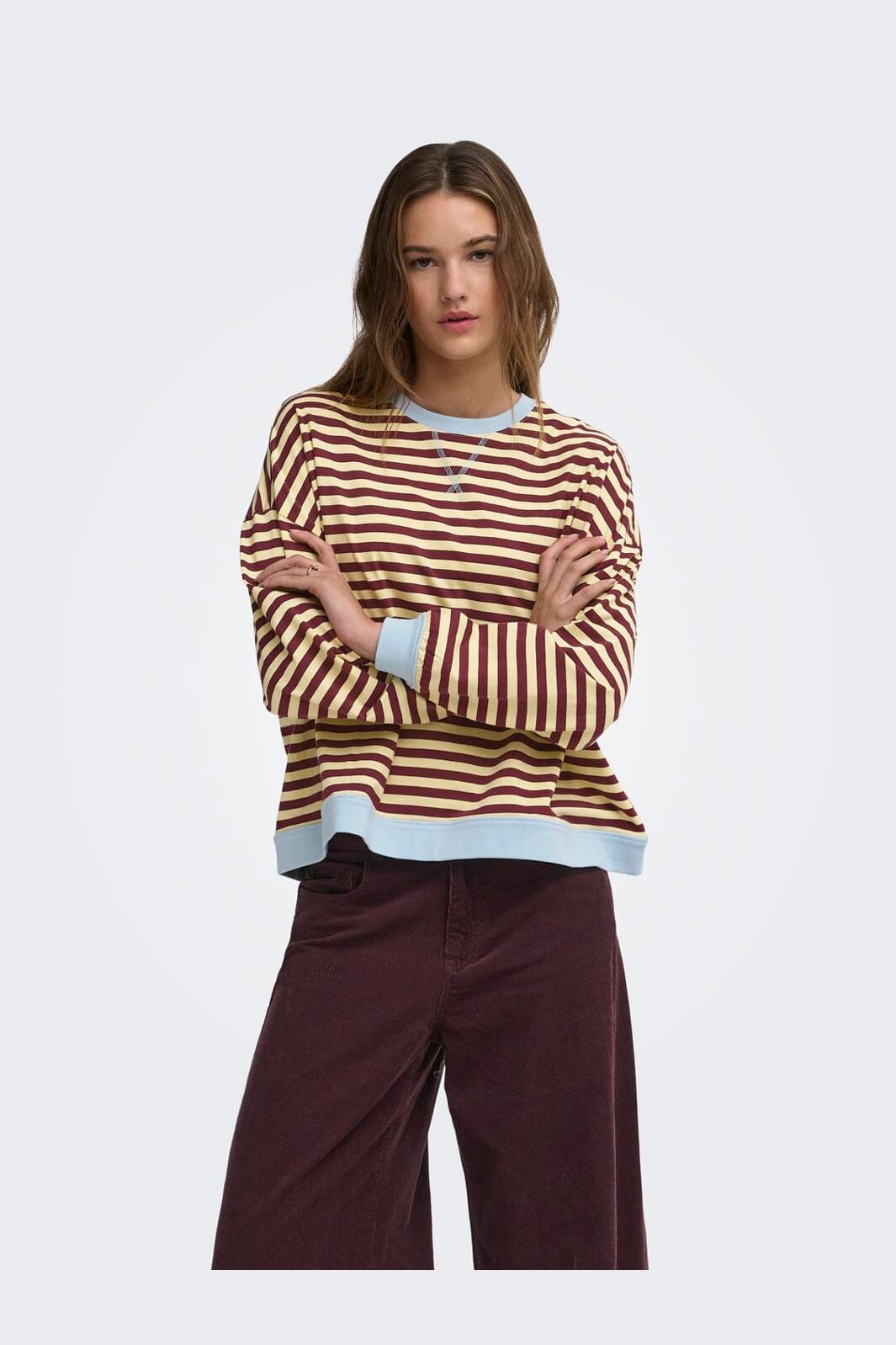 Only - Onlfreja L/S Loose Top - 5090443 Mellow Yellow Fig W. Contrast Cashmere Blue
