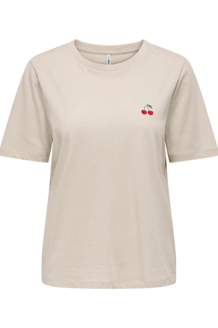 Only - Onlhappy Life S/S Emb Top - 5030076 Oatmeal Cherry Emb T-shirts 