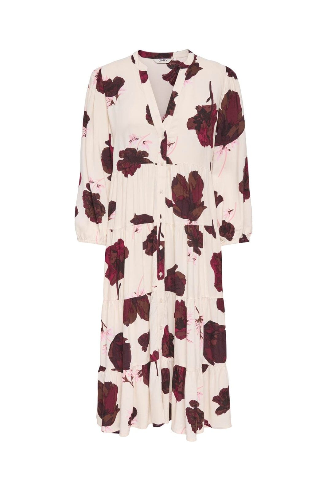 Only - Onlmilana Sola 3/4 Midi Dress - 5095462 Oatmeal Red Flower