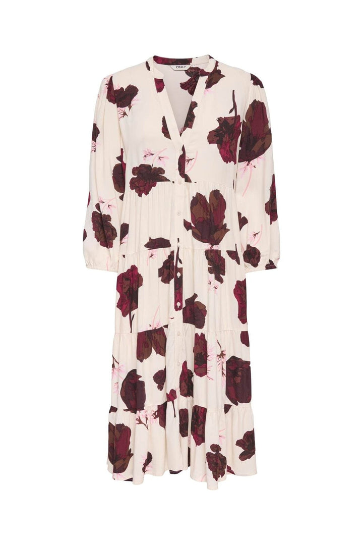 Only - Onlmilana Sola 3/4 Midi Dress - 5095462 Oatmeal Red Flower