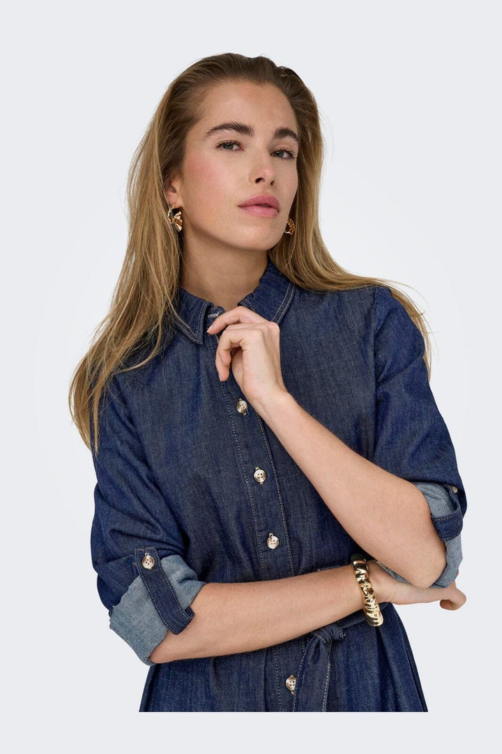 Only - Onlsevigny Frill 3/4 Sl Long Dress - 4857886 Dark Blue Denim