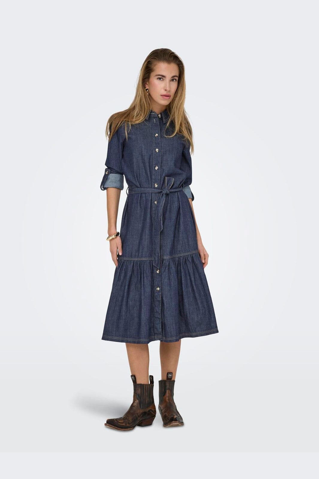 Only - Onlsevigny Frill 3/4 Sl Long Dress - 4857886 Dark Blue Denim