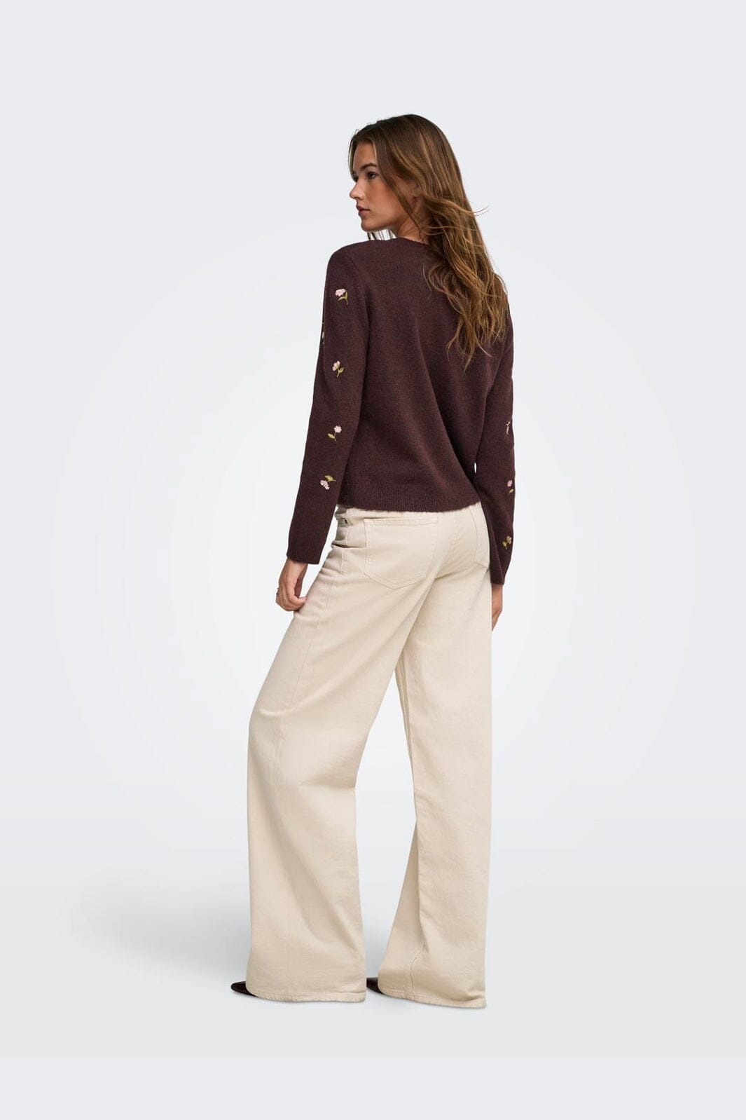 Only - Onlshine Ls Embroidery O-Neck Cc Knt - 5100611 Fudge Mel/Flower Body/Beech/Pale L/Birch