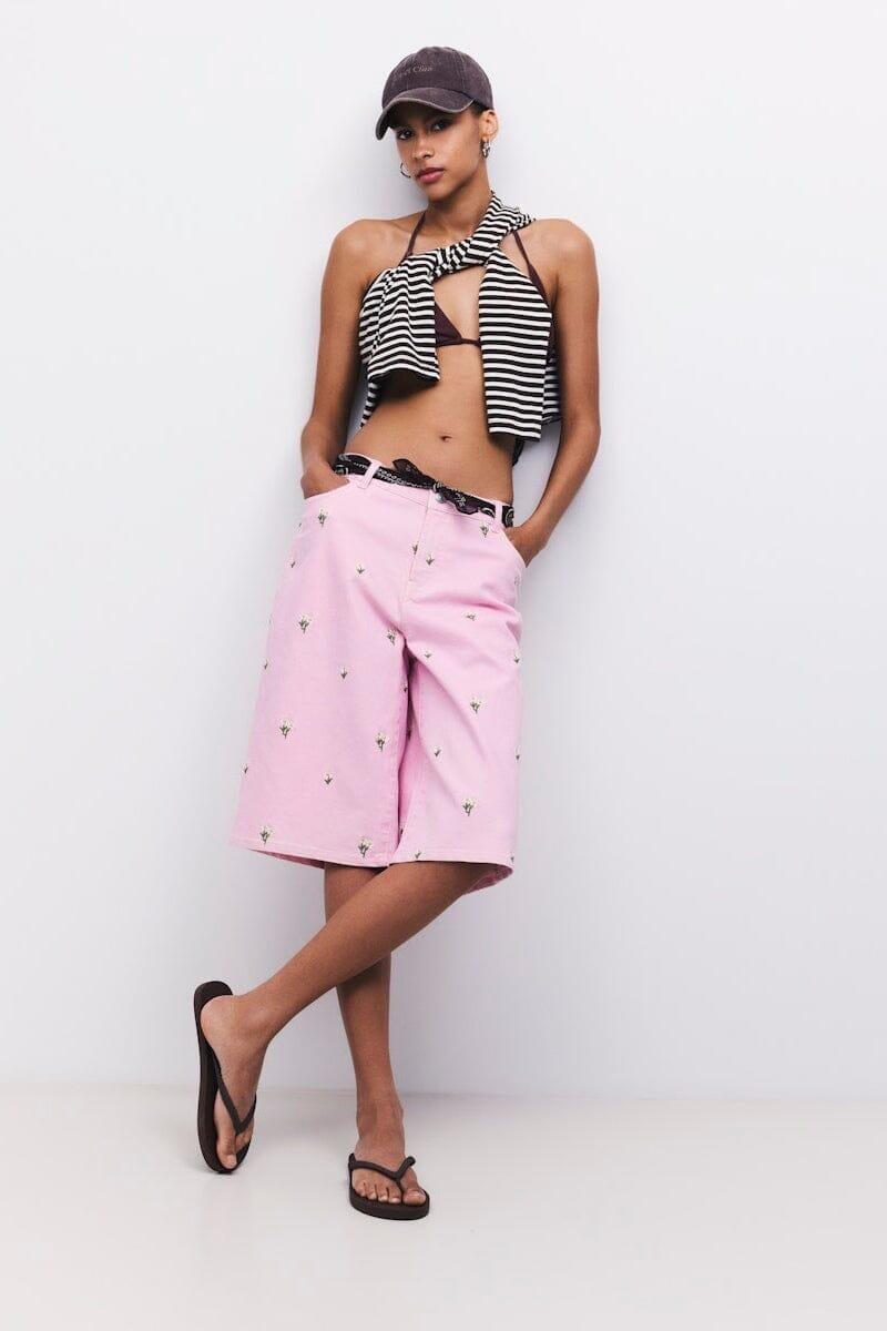 Pieces - Pcflora Long Emb Shorts - 5124683 Roseate Spoonbill Yellow Flower Embroidery Shorts 