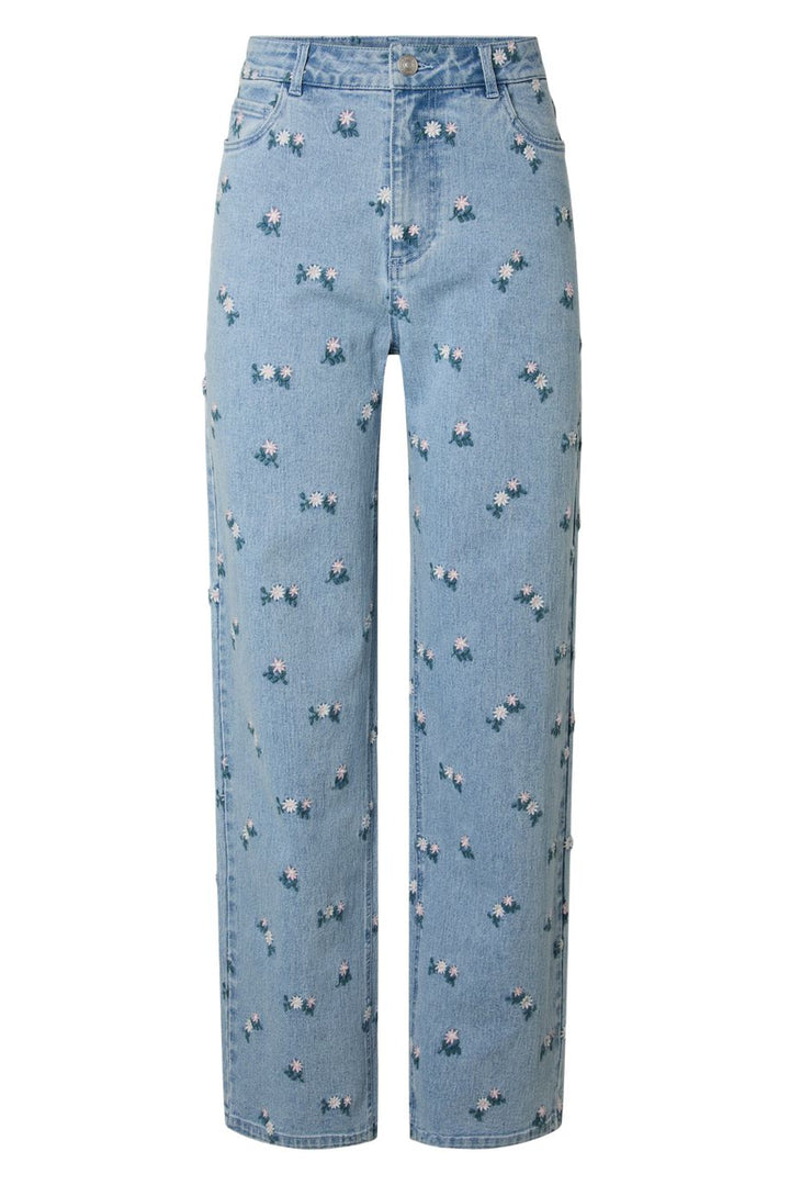 Pieces - Pcflora Straight Emb Jeans - 5068185 Light Blue Denim Pink Flower Embroidery