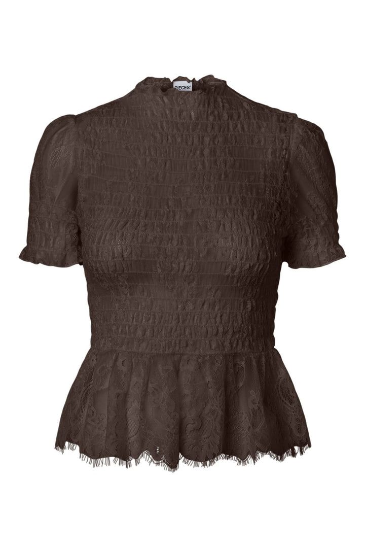 Pieces - Pcjilly Ss Lace Top - 5185375 Hot Fudge
