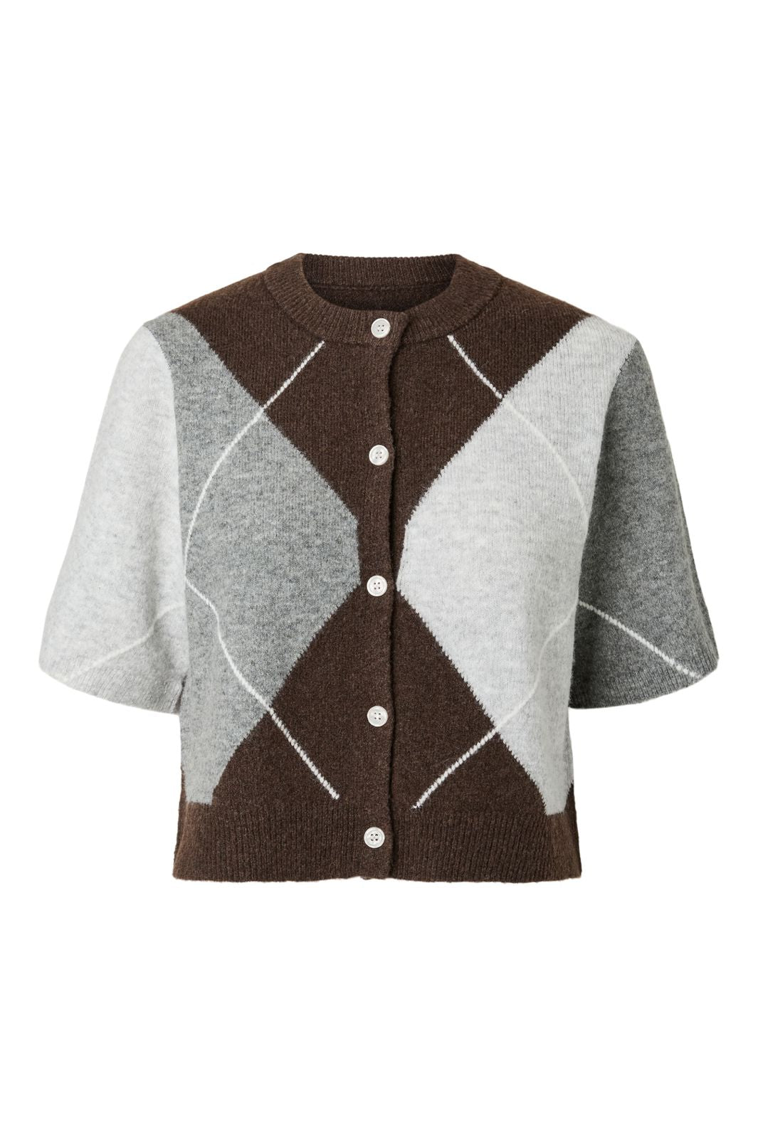 Pieces - Pcsally Ss Knit Check Cardigan - 5133918 Hot Fudge Grey/Birch