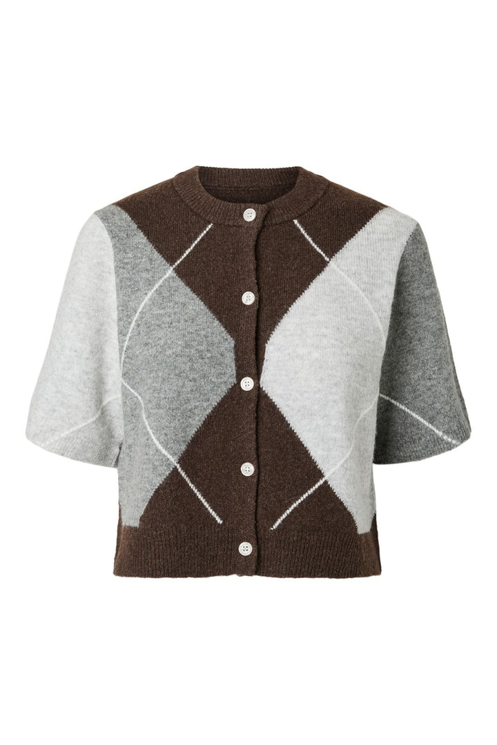Pieces - Pcsally Ss Knit Check Cardigan - 5133918 Hot Fudge Grey/Birch