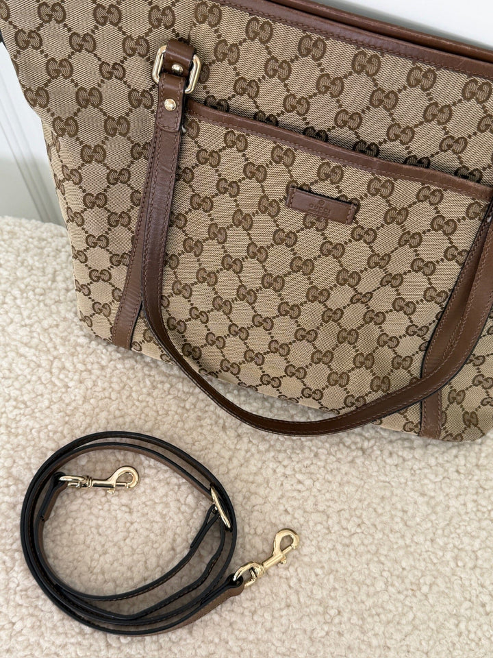 Preloved Vintageline x Molly&My - Gucci Shopper – Gg Canvas & Kalveskind Med Aftagelig Rem - Logo Tasker 