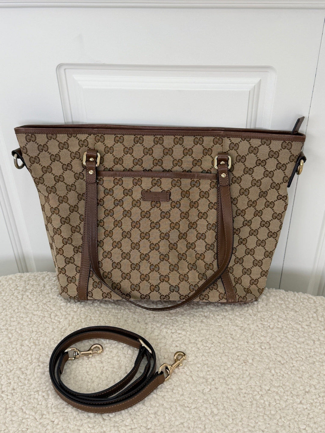 Preloved Vintageline x Molly&My - Gucci Shopper – Gg Canvas & Kalveskind Med Aftagelig Rem - Logo Tasker 