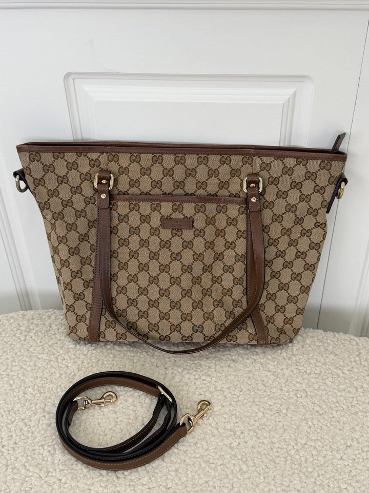 Preloved Vintageline x Molly&My - Gucci Shopper – Gg Canvas & Kalveskind Med Aftagelig Rem - Logo Tasker 