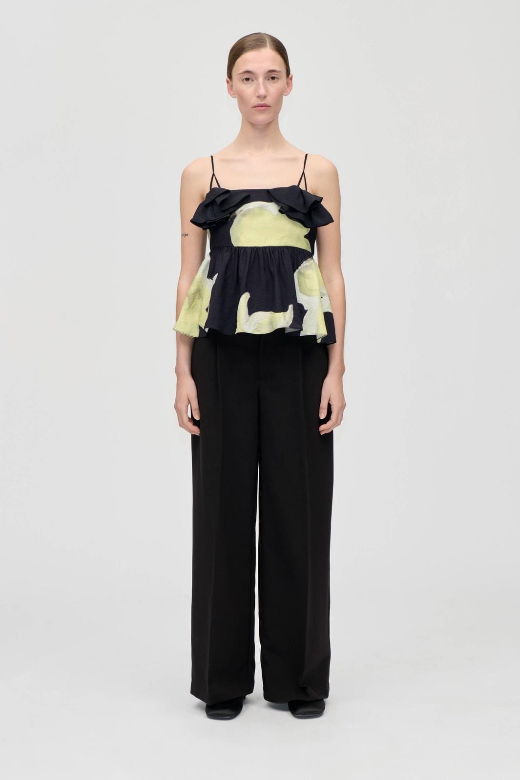 Stine Goya - 2450 Printed Viscose, Floral Peplum Topsg-ps26-t139-2450 - Yellow Petunias Toppe 