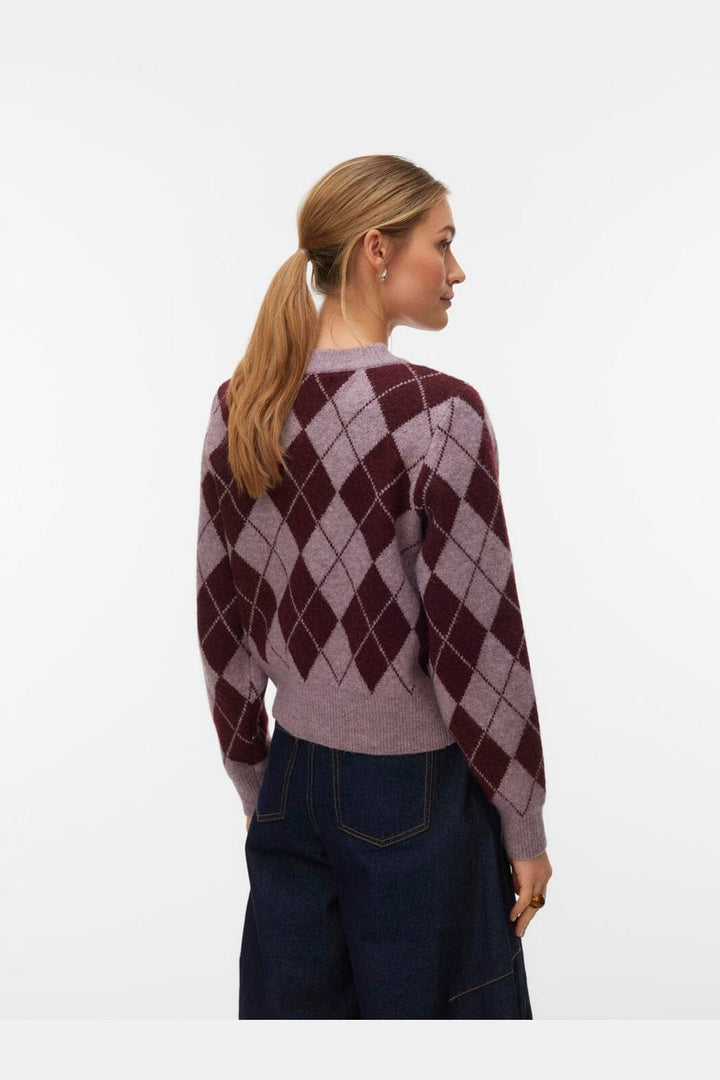 Vero Moda - Vmhalo Ls O-Neck Argyle Cardigan Boo - 5058536 Elderberry Windsor Wine